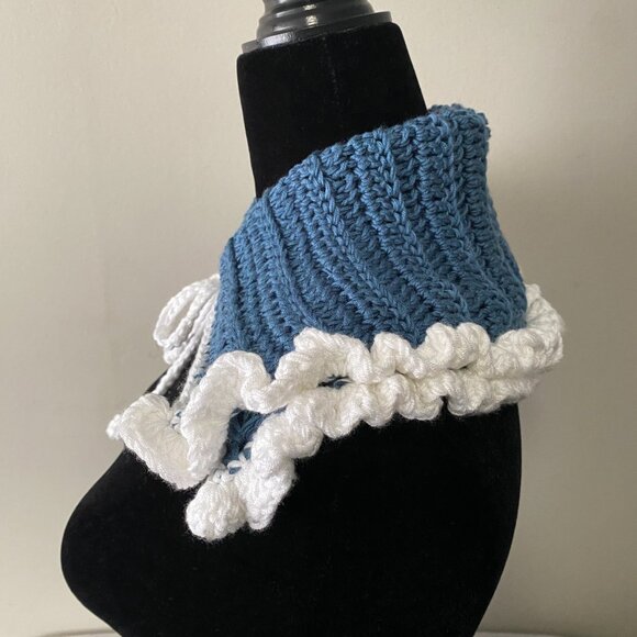 Handmade Crochet Blue White Winter Double Folded Collar Neckwear Accessory - Picture 3 of 6